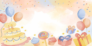卡通可爱手绘水彩生日蛋糕棒棒糖气球装饰展板背景